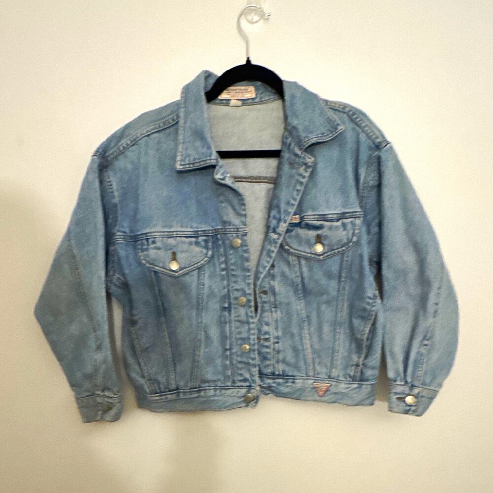 GUESS Men’s Blue Denim Jacket Size L Button Front Logo Pockets Made in USA